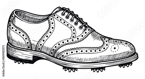Hand drawn golf shoe sketch designed for enhancing various athletic wear advertisements, sports equipment catalogs, and golf related event promotions with a classic and sophisticated visual