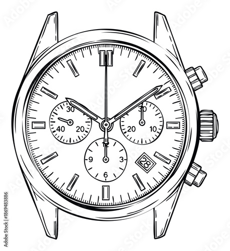 Detailed line drawing of a sophisticated chronograph watch with multiple subdials and a date window, perfect for print, web, or educational design projects.