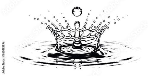 A stylized water drop striking a liquid surface creates an elegant crown splash with symmetrical ripples, suitable for evoking freshness, purity, or sudden impact in various graphic