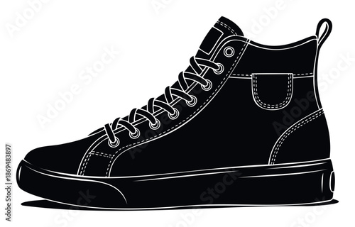 Versatile monochrome high top canvas shoe silhouette perfect for showcasing athletic footwear designs, urban street style collections, and comfortable active wear campaigns.
