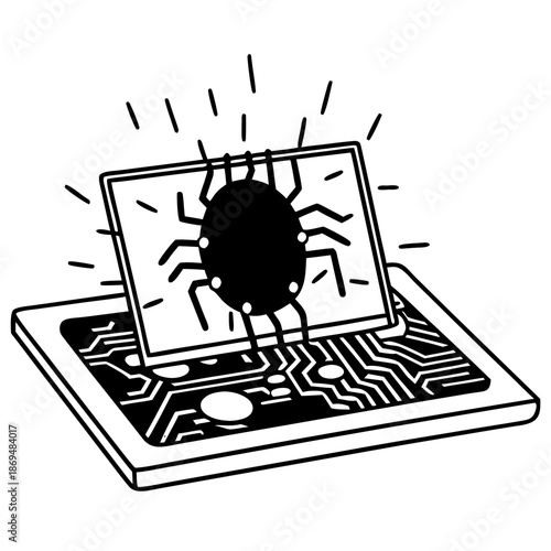 Computer chip with bug illustration depicting digital error,  virus computer  