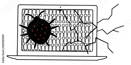Computer with a bug illustration and cracks on the screen  