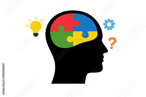 A head silhouette filled with vibrant puzzle pieces representing creative and critical thinking