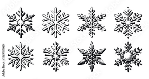 A diverse collection of intricately detailed handdrawn snowflake shapes, ideal for enhancing various winter holiday season decorations, festive greeting cards, and seasonal graphic design