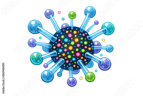 An intricate abstract depiction of a molecular or viral framework featuring a central sphere adorned with vibrant glowing specks, encircled by translucent tubes and smaller spheres