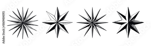 A collection of stylized black and white compass roses featuring intricate shading and sharp points, perfect for nautical logos, travel icons, or decorative graphic resources and branding
