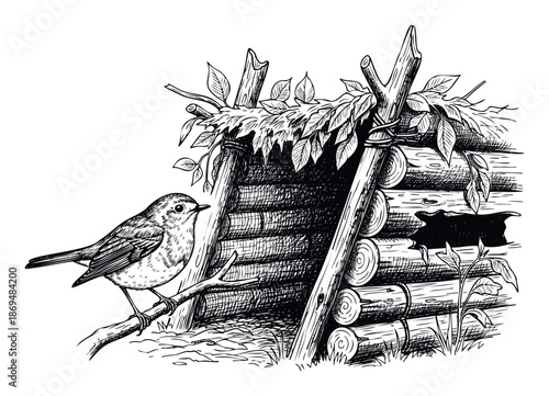 Small songbird perched on a branch next to a rustic log shelter in a tranquil forest setting, perfect for wildlife educational materials and outdoor recreation guides.