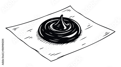 Engaging hand drawn sketch depicting a swirl of dark, rich sauce on a simple square paper, perfect for culinary packaging, cafe branding, or gourmet food menu presentations.