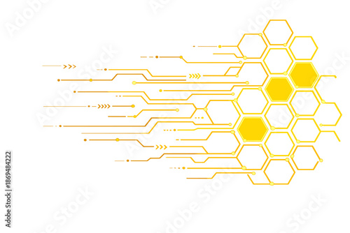 A futuristic, hexagonal circuit board illustration in a dark yellow gradient background, moving from right to left, depicts advanced computer technology in a vector abstract style, representing a