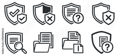 A collection of security shield icons featuring checkmarks and cross symbols in minimalist black outline vector style, ideal for digital protection and safety applications