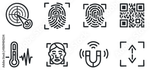 A collection of technology-related icons including radar, fingerprint, temperature gauge, and QR code in minimalist vector style, ideal for digital applications and user interfaces