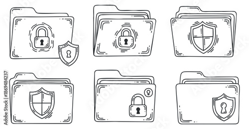 A collection of secure folders with locks and shields in outline vector style, ideal for technology and security applications