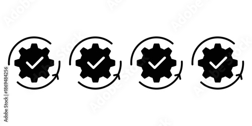 Circular gear icon with checkmark and rotation arrows, representing process completion, task automation, workflow success, quality control, productivity, and system optimization in vector design for b