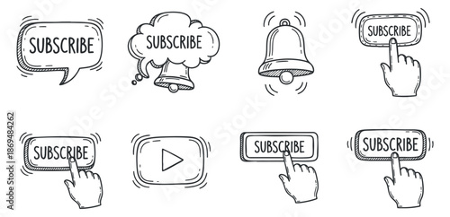 A collection of subscribe buttons, notification bell, and hand gestures in outline vector style, perfect for digital media and web design