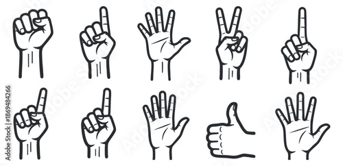 A collection of hand gestures representing numbers one to ten and thumbs up in black and white outline vector style, suitable for educational materials and communication design