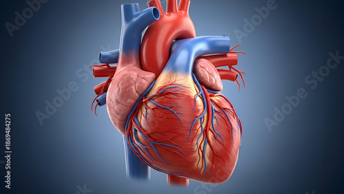 Detailed view of a human heart with arteries and veins in a science illustration showing structure and function of the circulatory system