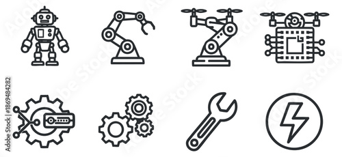 A collection of robotics and technology icons including a robot, drone, robotic arm, gears, and tools in clean black outline vector style, ideal for tech-related projects and designs