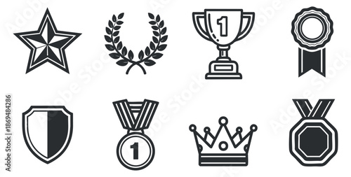 A collection of award icons including a star, laurel wreath, trophy, medal, badge, crown, and shield in minimalist black and white vector style, suitable for recognition and achievement themes