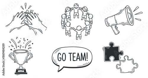 A collection of teamwork-related icons including a trophy, cheering group, megaphone, and puzzle pieces in black and white line art style, ideal for motivational projects and team-building resources