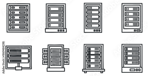 A collection of server rack icons in black and white outline vector style, suitable for technology and IT design projects
