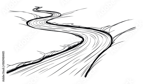 Dynamic winding river path graphic symbolizing journeys, routes, or abstract flow in various informational and conceptual presentations and projects