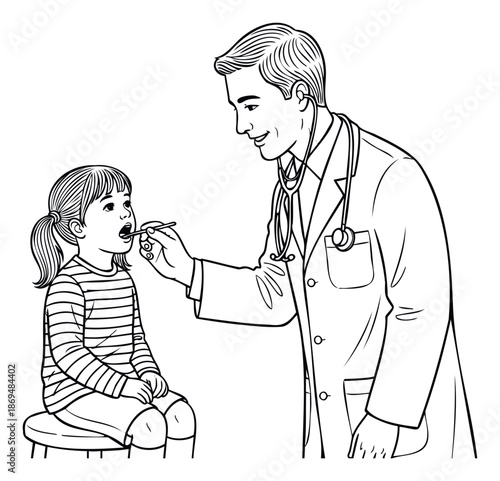 Friendly male physician performing a routine throat checkup on a young girl during a pediatric consultation, ideal for medical education and healthcare promotions.