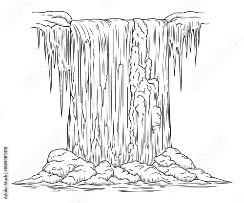 A majestic waterfall flowing over rocky cliffs with icy formations, perfect for naturethemed graphic projects, educational materials, or coloring book activities.