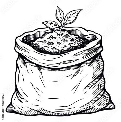 Hand drawn sketch of a small plant seedling growing in a sack of fertile soil, symbolizing gardening, agriculture, and new beginnings for organic farming and ecofriendly projects