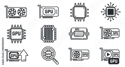A collection of GPU icons including graphics cards, chips, and cooling systems in minimalist vector style, ideal for tech and gaming projects