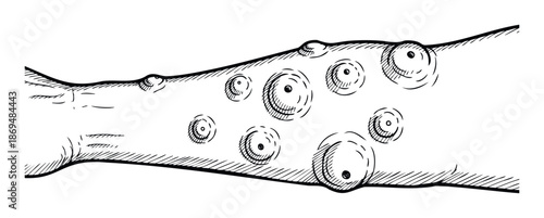 Black and white line drawing depicting a tree branch with prominent organic nodules and textured bark, ideal for botanical illustrations, biological diagrams, and educational resources on