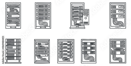 A collection of server rack illustrations in minimalist outline vector style, suitable for technology and IT design projects