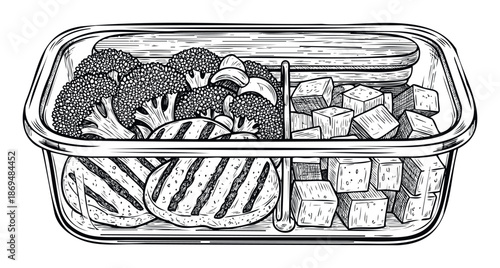 A monochrome line drawing of a healthy packed lunchbox featuring grilled patties, fresh broccoli florets, and protein cubes, perfect for meal prep, diet planning, and fitness content