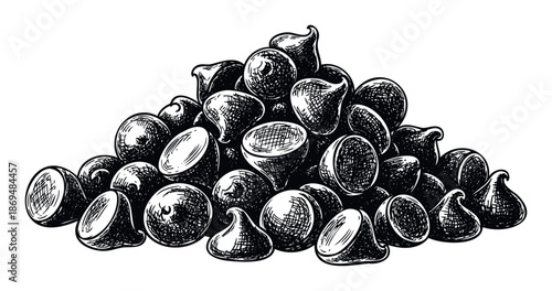 An appetizing mound of classic chocolate chips and sweet candy morsels in a hand drawn engraving style suitable for confectionery packaging bakery menus and dessert recipes.