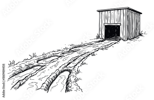 Classic monochrome artwork showcasing a weathered timber shed and a deeply rutted lane, useful for illustrating narratives of exploration or hidden locations.