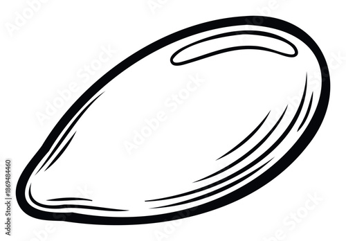 Stylized black outline drawing of a mussel shell ideal for seafood restaurant menus, marine biology educational materials, or decorative graphic elements in culinary themed projects and
