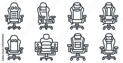 A collection of eight ergonomic office chairs in black and white outline vector style, ideal for furniture design and interior projects