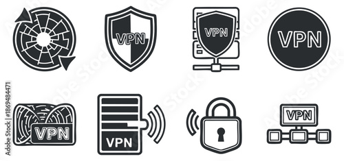A collection of VPN icons featuring shields, locks, and network symbols in clean minimalist vector style, ideal for technology and cybersecurity applications