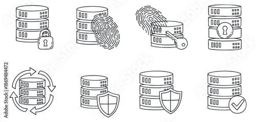 A collection of data security icons featuring databases, locks, fingerprints, and shields in outline vector style, suitable for tech branding and digital security projects