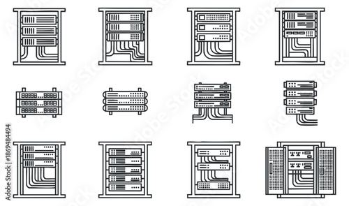 A collection of server racks and network equipment in minimalist black and white outline vector style, ideal for technology and IT projects