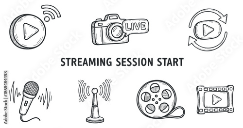 A collection of streaming session start icons including a play button, microphone, camera, and rewind symbols in outline vector style, suitable for digital media projects