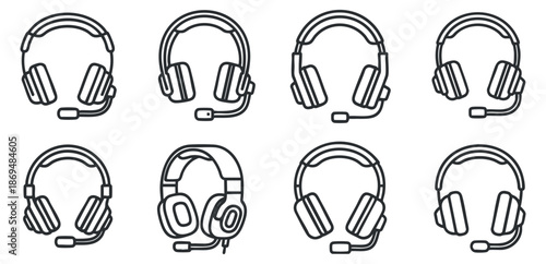 A set of eight headphone illustrations in clean black and white outline vector style, suitable for audio technology branding and design projects