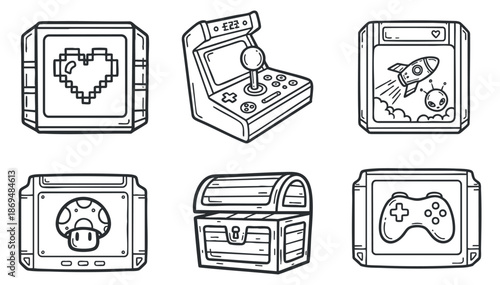 A collection of gaming-themed icons including a pixel heart, game controller, rocket, treasure chest, and gamepad in black and white line art style, perfect for video game-related projects
