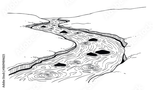 Black and white line sketch of a winding river with prominent riverbed rocks and dynamic water flow indicated by swirling ripples, suitable for educational or decorative visual aids