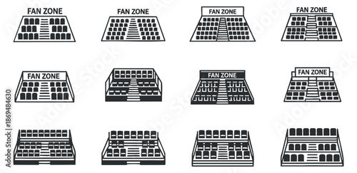 A collection of fan zone seating layouts in black and white minimalist vector style, suitable for event planning and sports branding