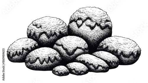 Stylized black and white ink drawing featuring various fuzzy organic shapes resembling overgrown shrubs or natural formations, perfect for naturethemed graphic projects, book illustrations,