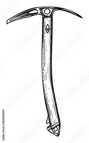 Classic mountaineering ice axe vector representation for extreme sports publications, hiking gear advertisements, and outdoor adventure lifestyle blogs.