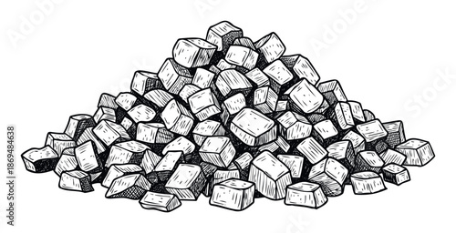 Textured sketch of a heap of white sugar cubes perfect for adding a rustic feel to confectionery product labels, bakery advertisements, and culinary presentations.