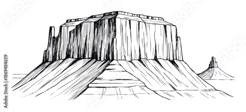 Hand drawn monochrome line art depicting a majestic mesa with layered cliffs and a distant butte in an arid wilderness, ideal for educational materials and outdoor recreation branding.