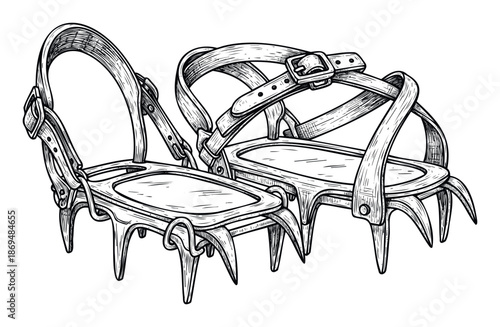 Essential mountaineering crampons for ice and snow provide crucial traction for climbing and winter hiking adventures, ideal for outdoor gear catalogs and extreme sports content.