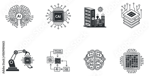 A collection of AI and machine learning icons in black and white vector style, suitable for technology and innovation projects
